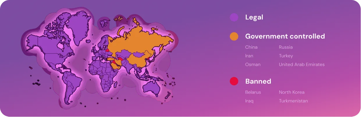 Image depicting the map of the world, with areas highlighted where VPNs are illegal or heavily restricted